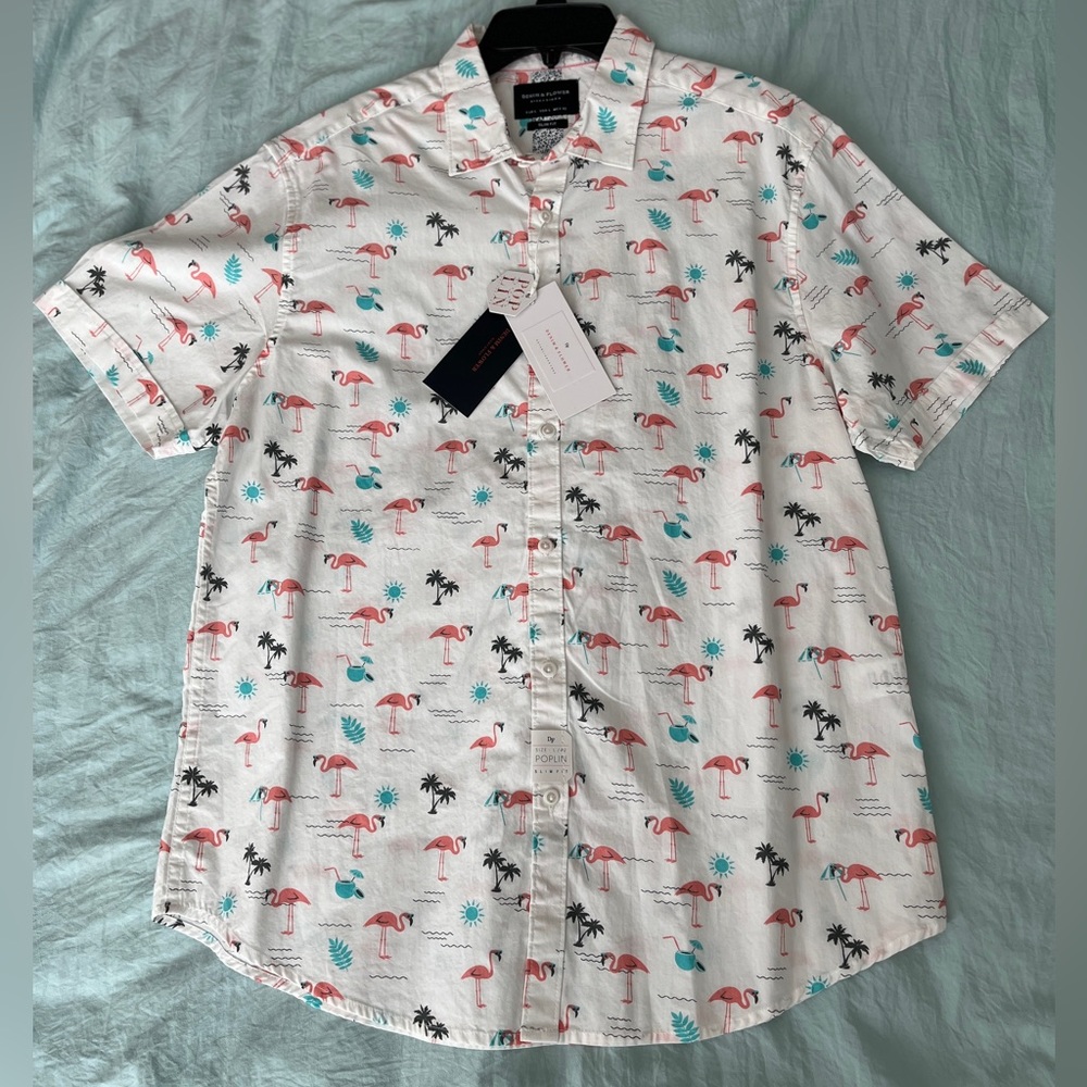 Denim & Flower White Short-Sleeve Button-Down Shirt with Pink Flamingo Print